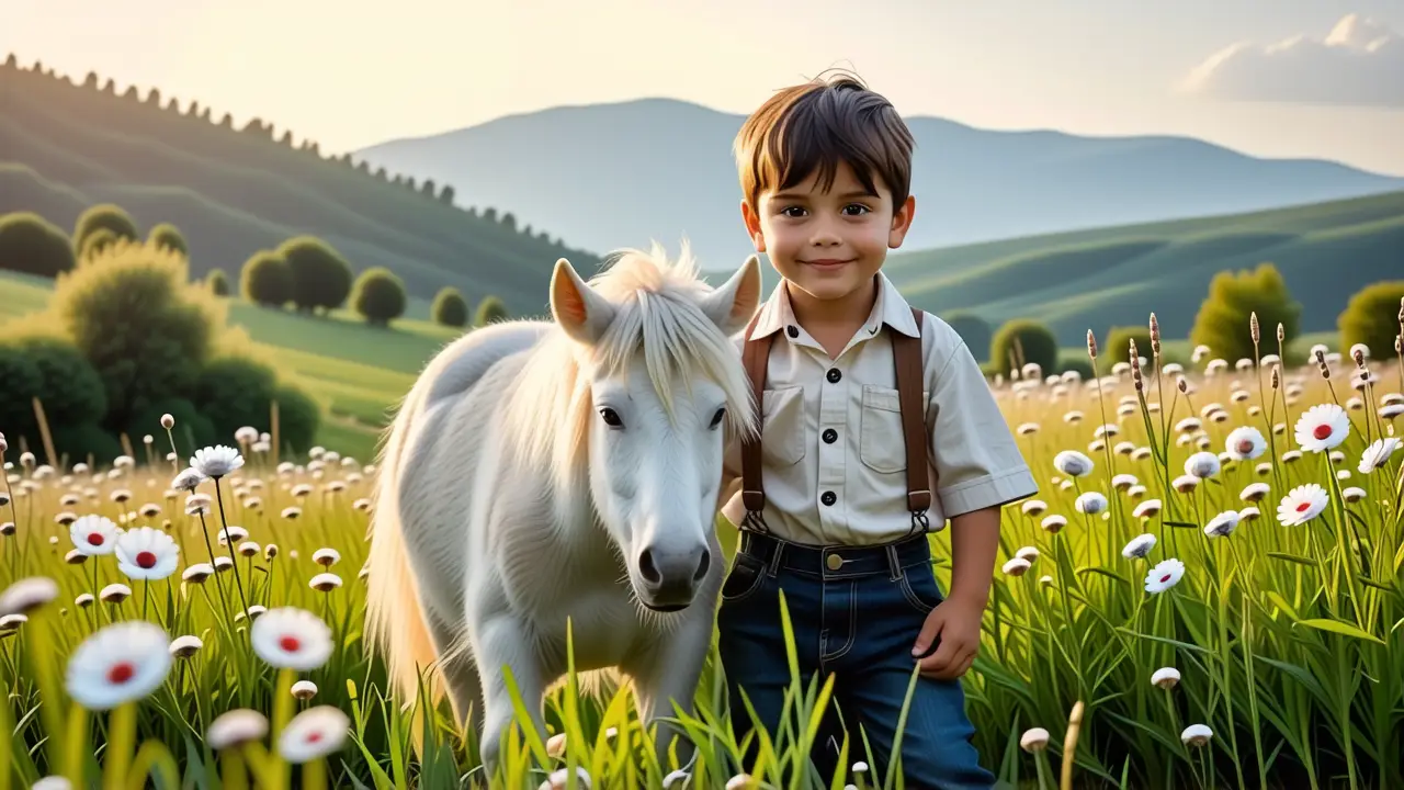 Un niño blanco sostiene un pony en la luz dorada