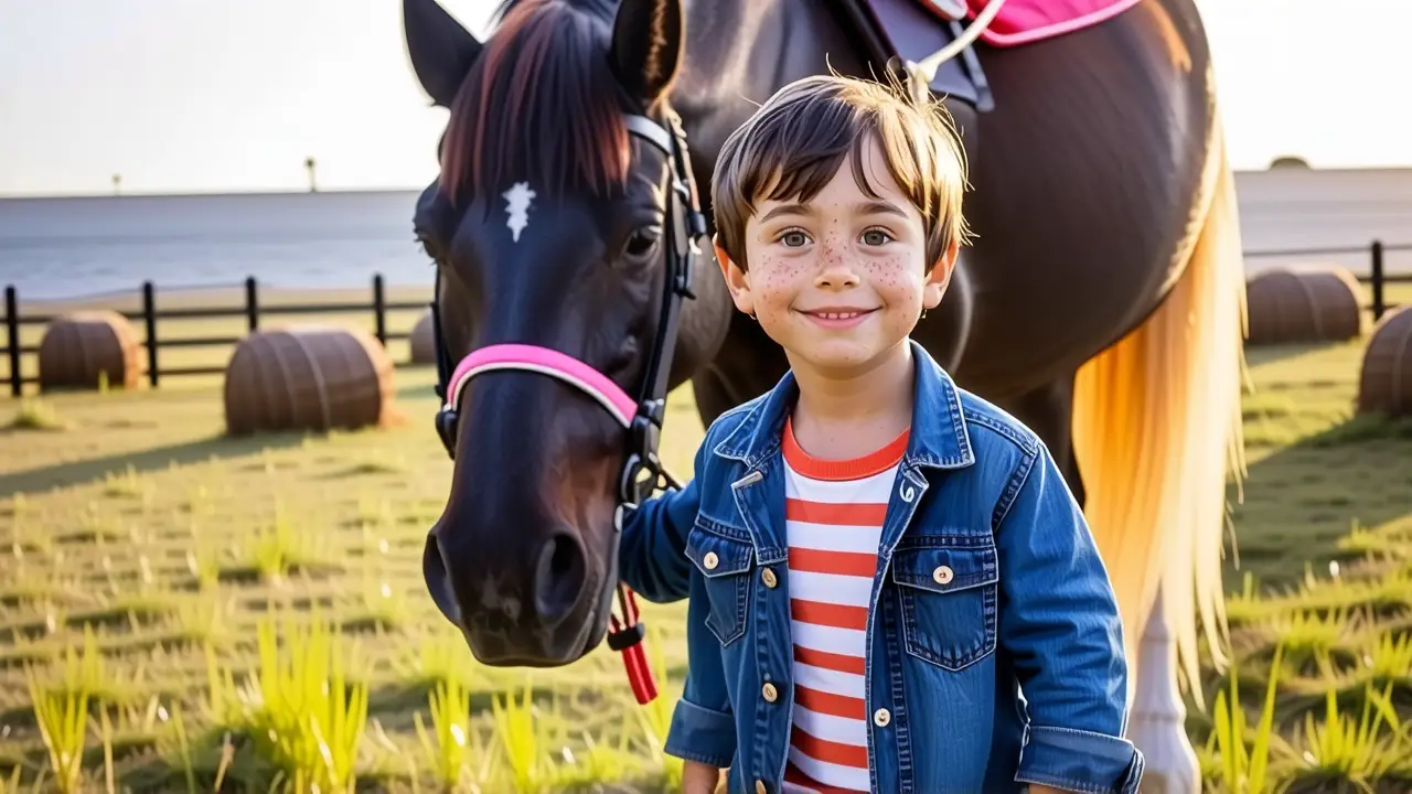 Un niño feliz monta su pony