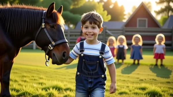 Un niño feliz juega con pony