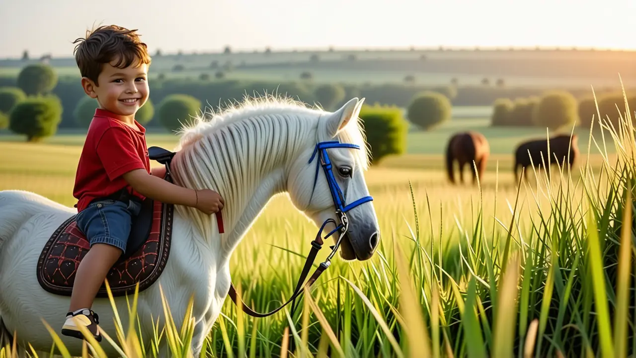 Un niño sonriente monta su poni