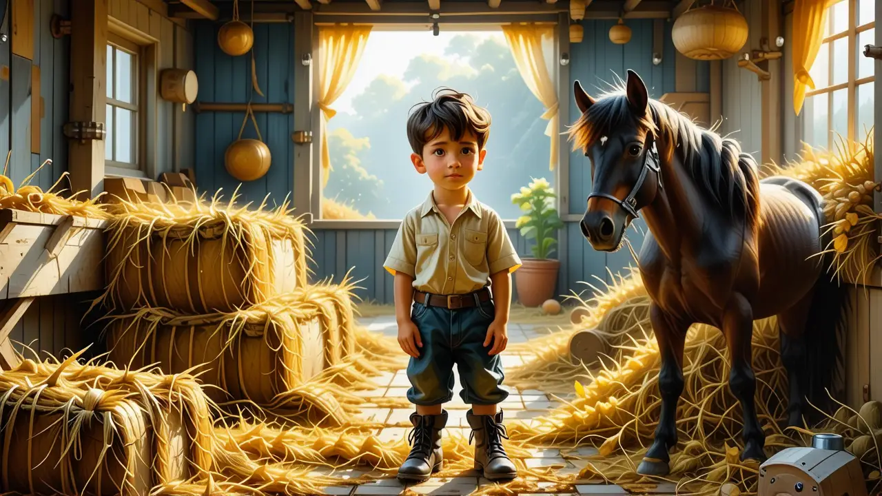 Un niño pensativo junto a su caballo