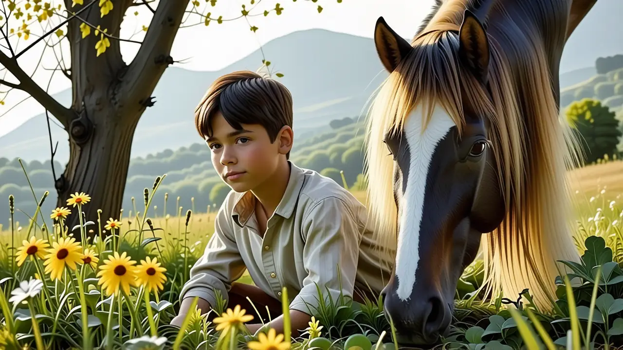 Un niño observa a su potro en España