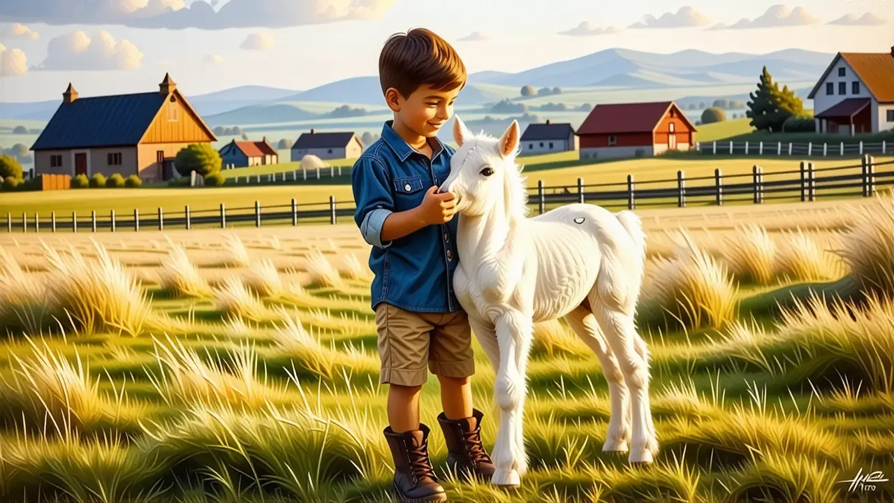 Un niño español sonríe junto a un potro