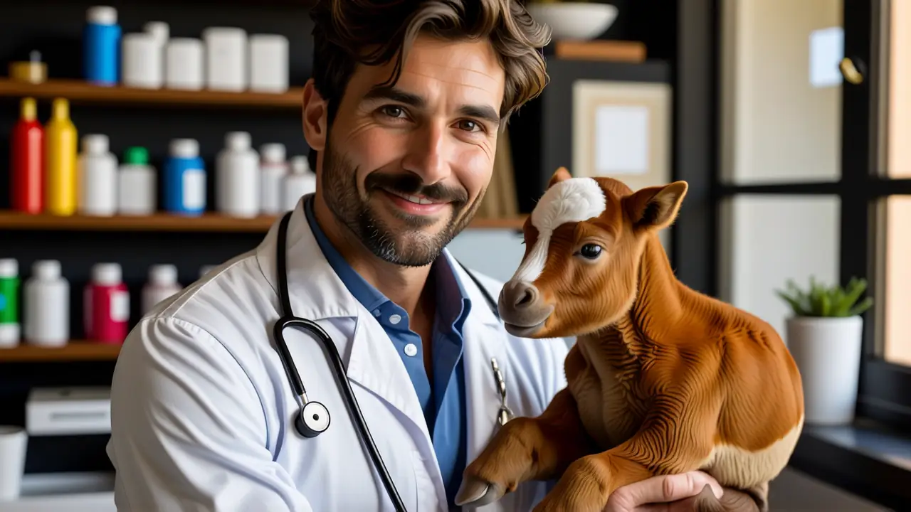Un veterinario amable sostiene un potrillo