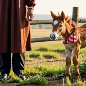 Un potro y anciana contemplan el atardecer
