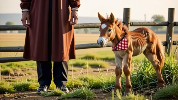 Un potro y anciana contemplan el atardecer