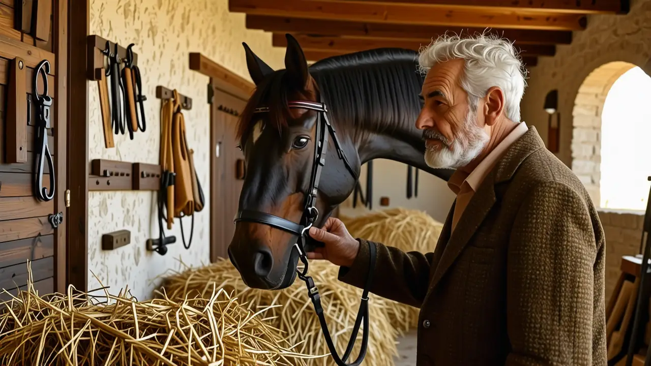 Un entrenador guía al caballo en luz dorada