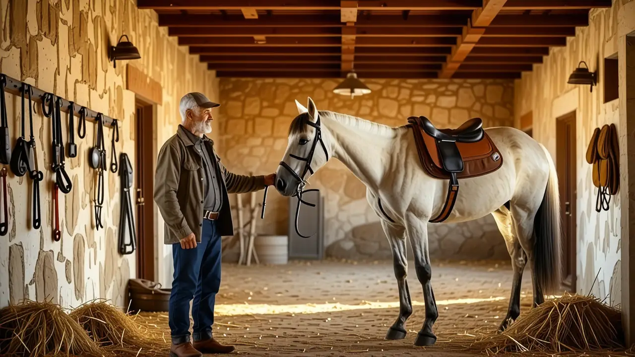 Un jinete español guía su caballo sereno