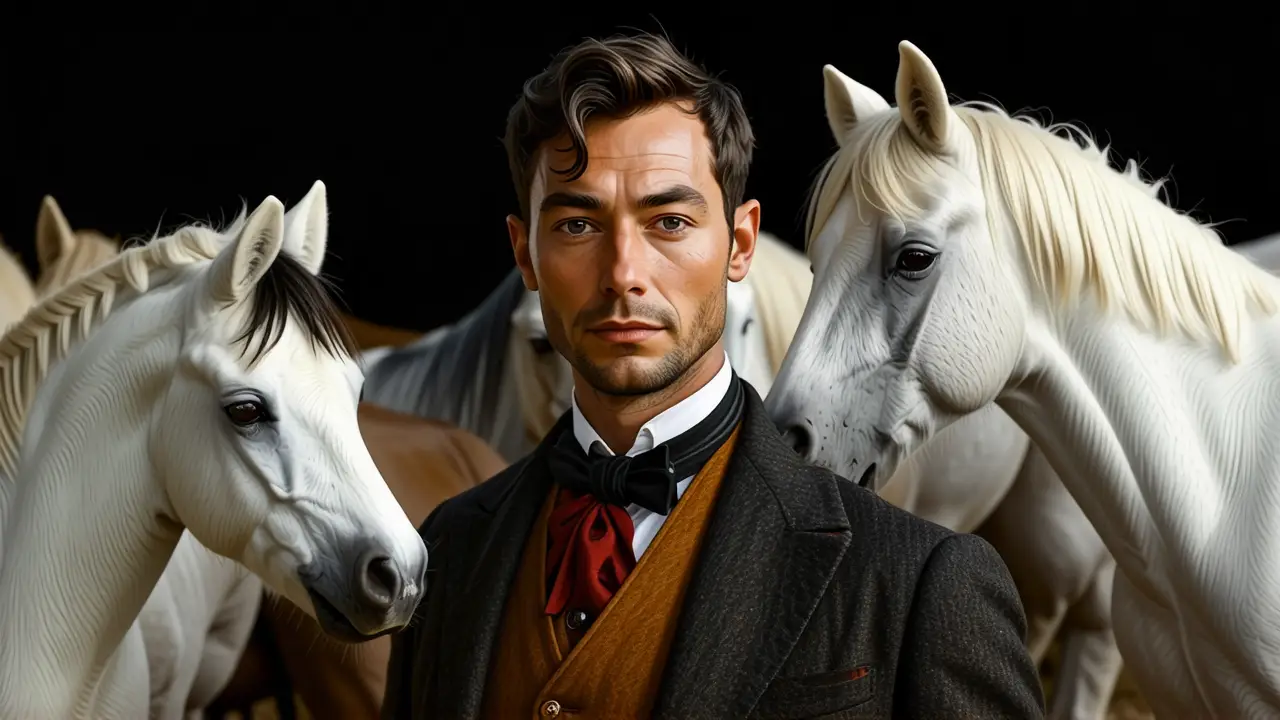 Un caballero contemplativo rodeado de caballos