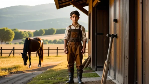 Un joven granjero español contempla su caballo