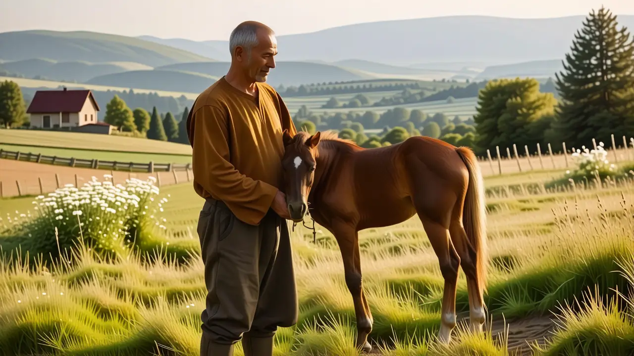 Un hombre español observa un potro sereno