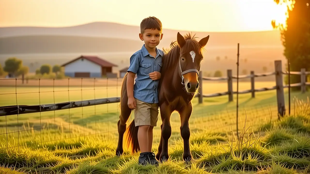 Un niño sonriente monta su pony