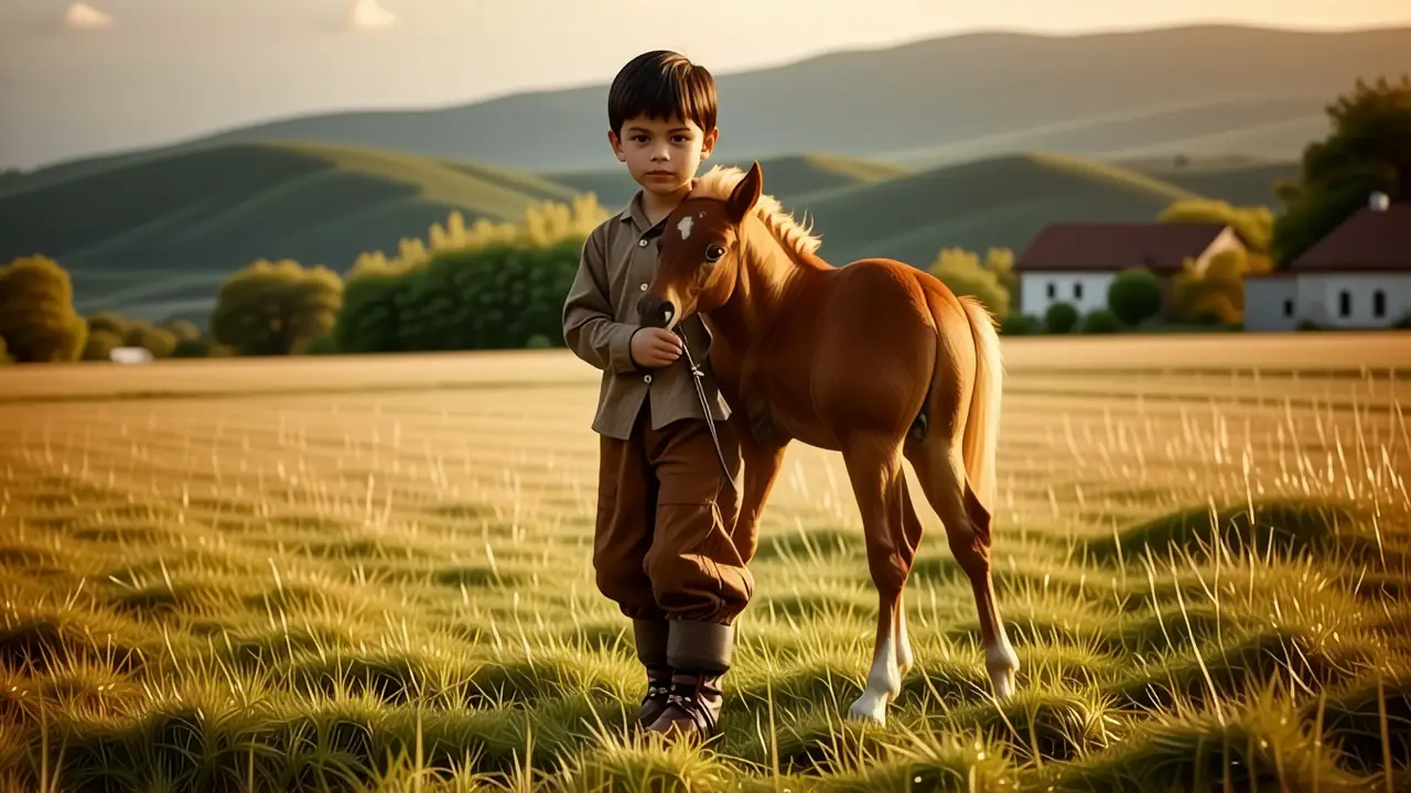 Un niño español observa su potro