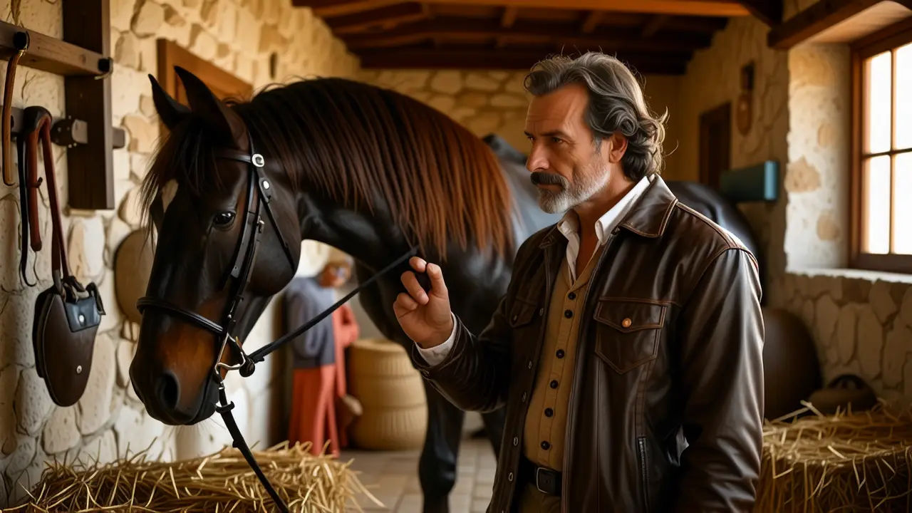 Un hombre español toca a su caballo