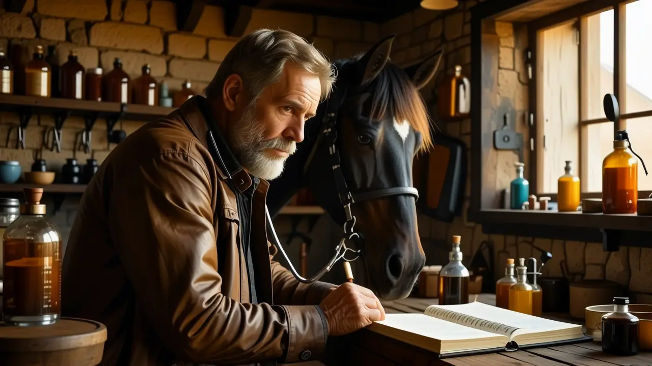 Un veterinario examina a su caballo en luz dorada