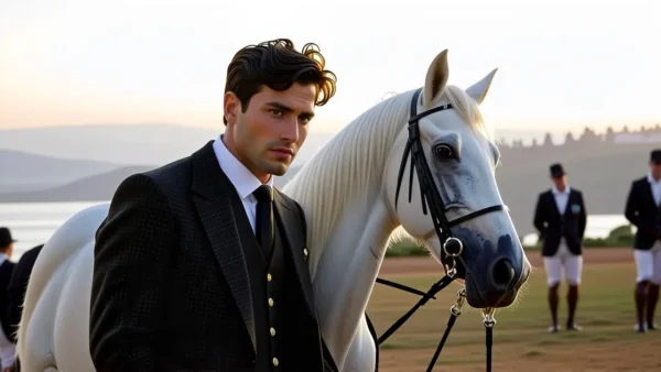 Un hombre elegante observa su caballo
