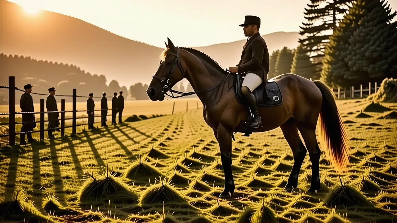 Un hombre serio domina su caballo en la campiña