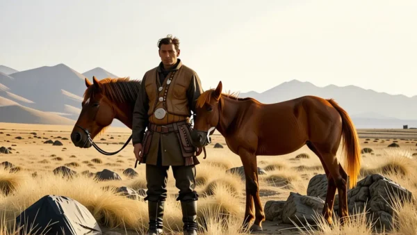 Un hombre serio observa su potro en la estepa