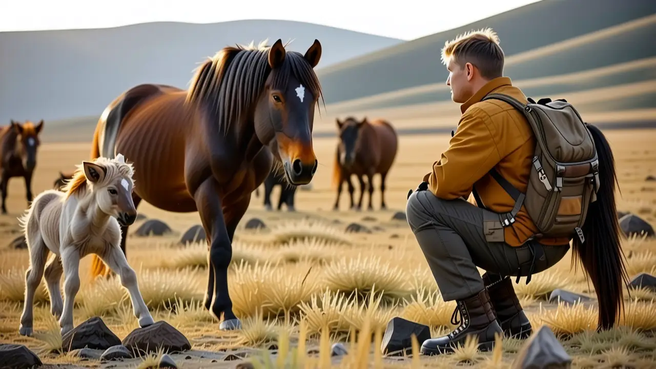 Un investigador observa caballos salvajes en la estepa