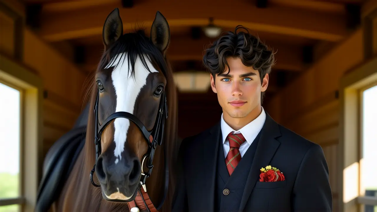 Un joven español confiado monta su caballo