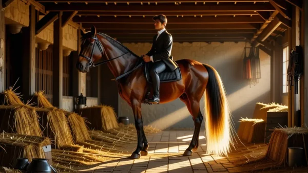 Un jinete español majestuoso domina el establo