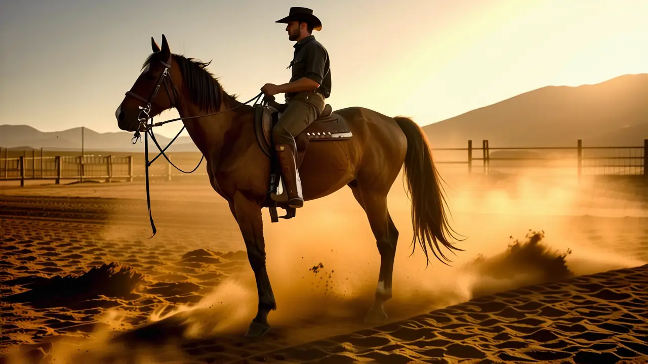 Que es la doma western: Guía completa y práctica 1 Un vaquero español realista domina el sol