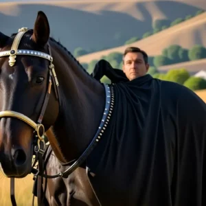 Un jinete serio domina su caballo dorado