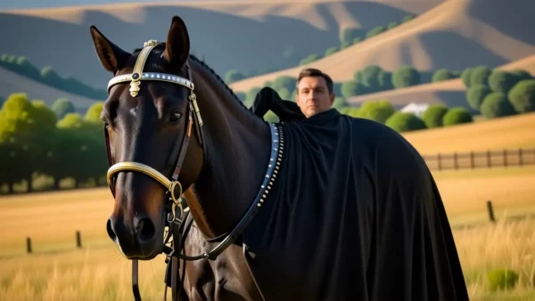 Un jinete serio domina su caballo dorado