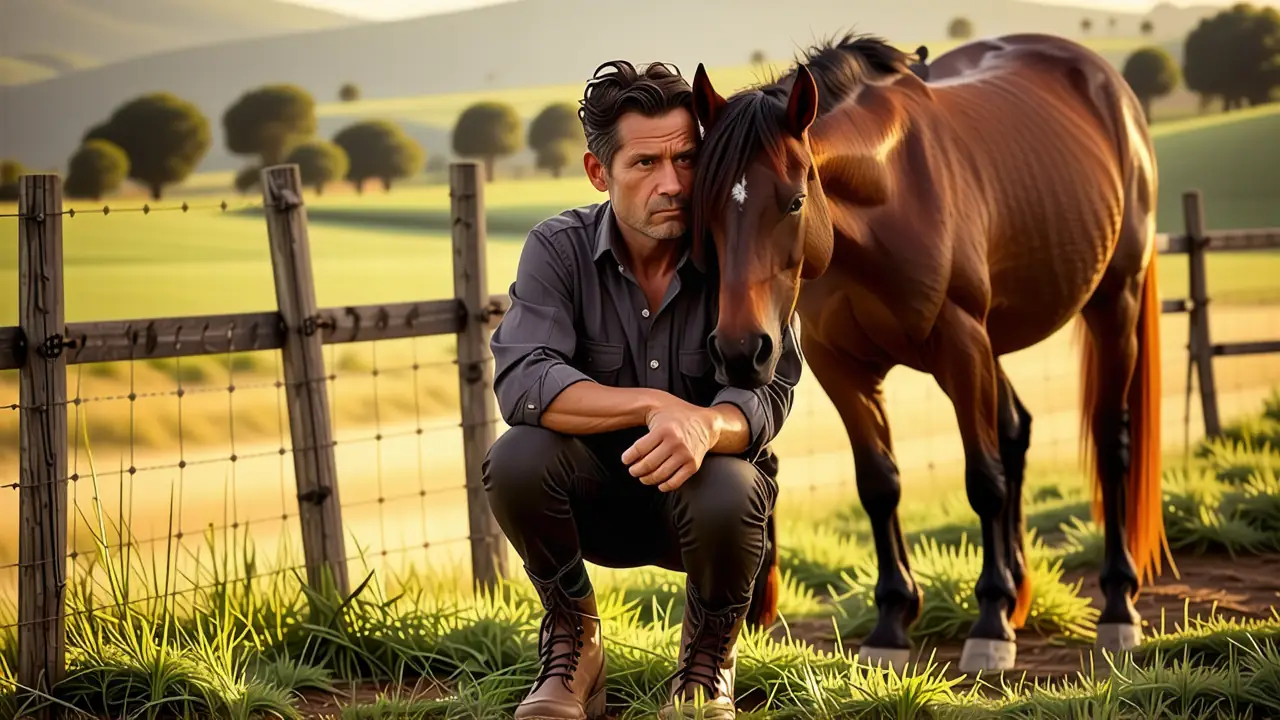 Un hombre pensativo observa a su caballo