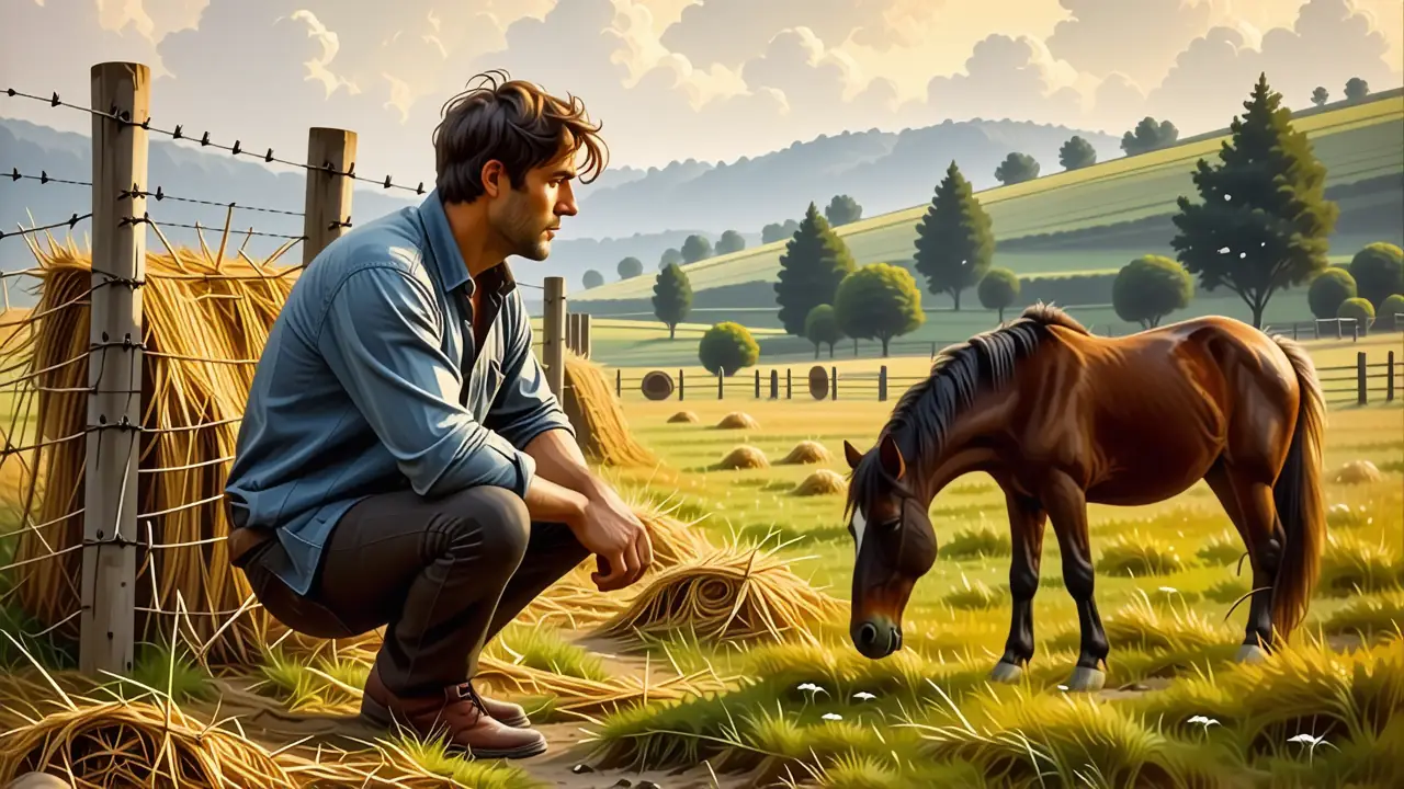 Un hombre pensativo observa un caballo