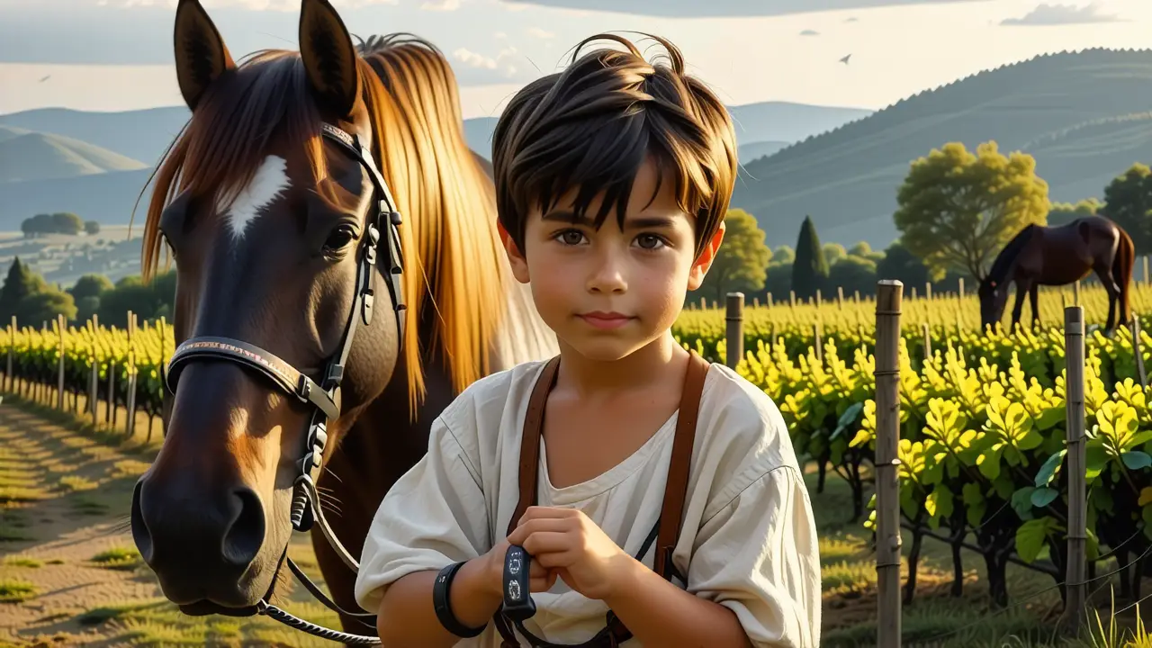 Un niño pensativo observa un caballo sabio