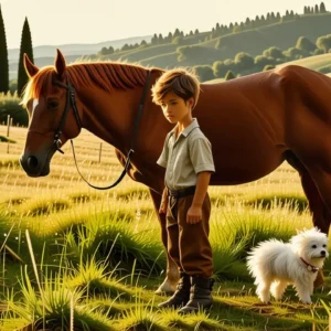 Un niño español contempla su caballo