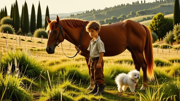 Un niño español contempla su caballo