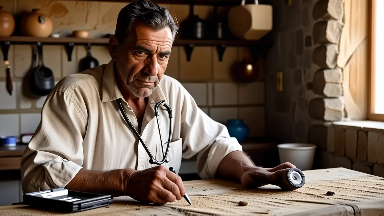 Un veterinero anciano examina un casco