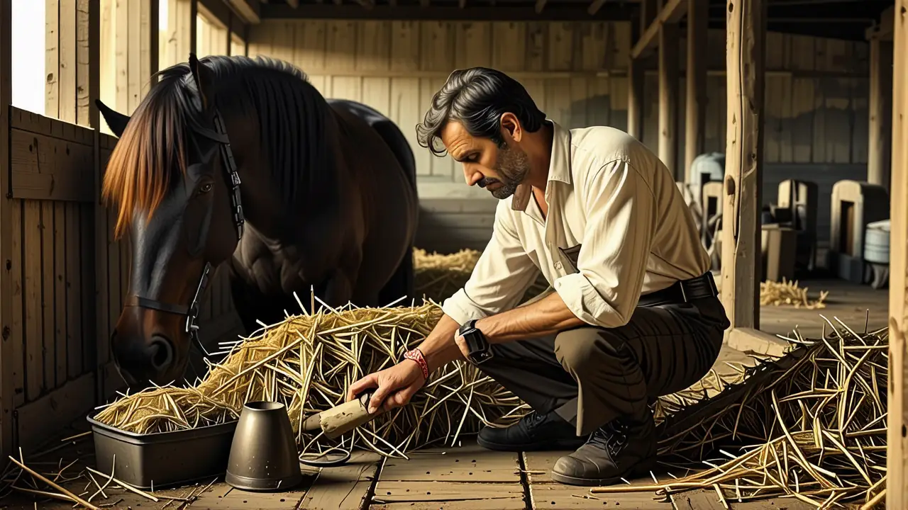 Un veterinario examina un caballo en luz dramática