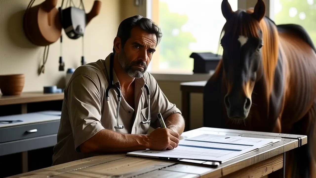 Un veterinario preocupado examina un caballo enfermo