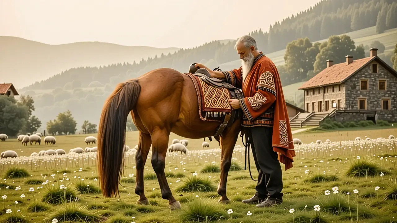 Un hombre gallego contempla su caballo en Galicia