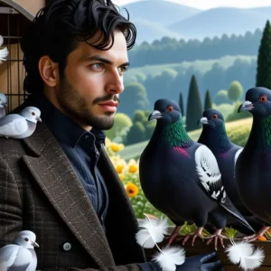 Un hombre pensativo observa palomas exóticas