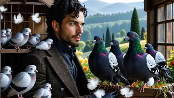 Un hombre pensativo observa palomas exóticas