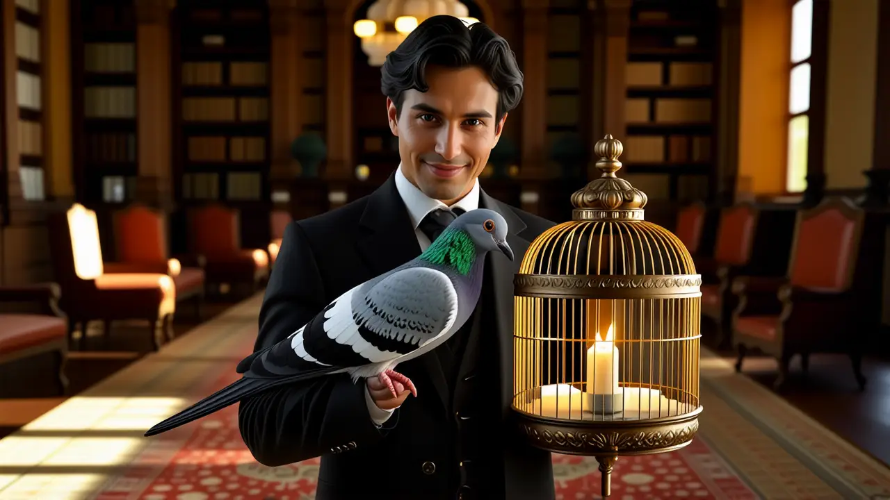 Un hombre elegante sostiene un paloma en biblioteca