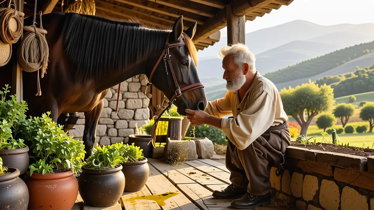 Un sanador español toca pacíficamente al caballo