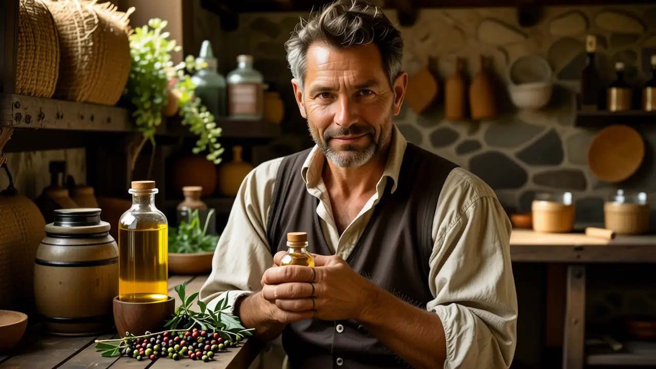 Un hombre español contempla aceite jadeado en establo rústico