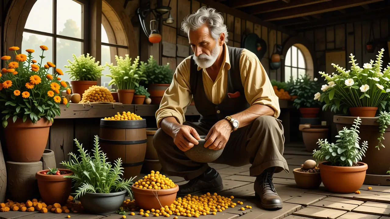 Un hombre español tranquilo moldea flores en la campiña