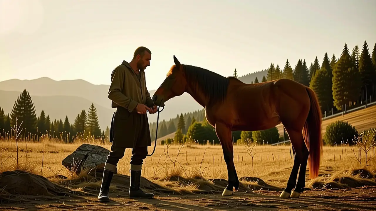 Un hombre pensativo junto a su caballo en Montana