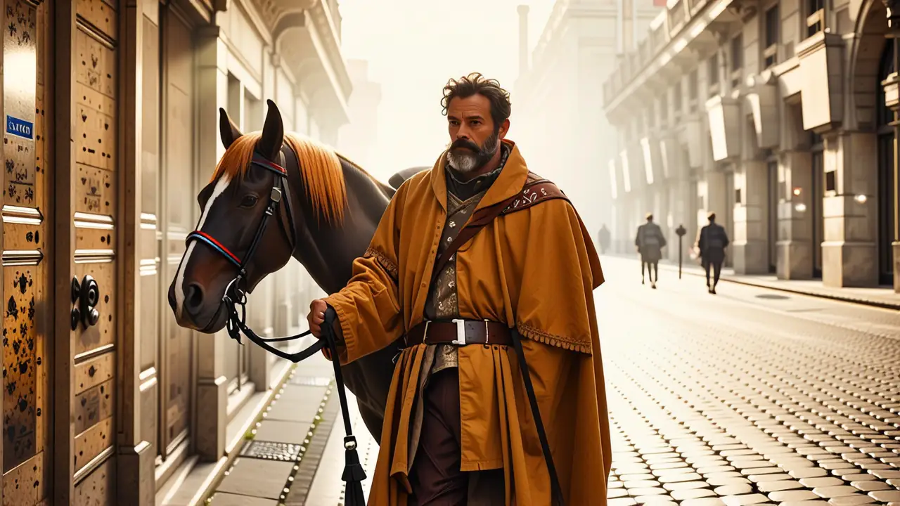 Un hombre decidido monta su caballo en Madrid