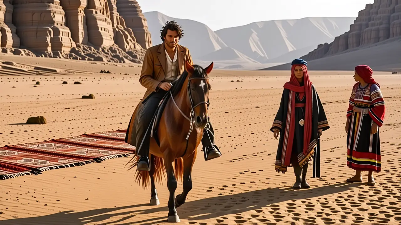 Un hombre guapo lidera su caballo en el desierto
