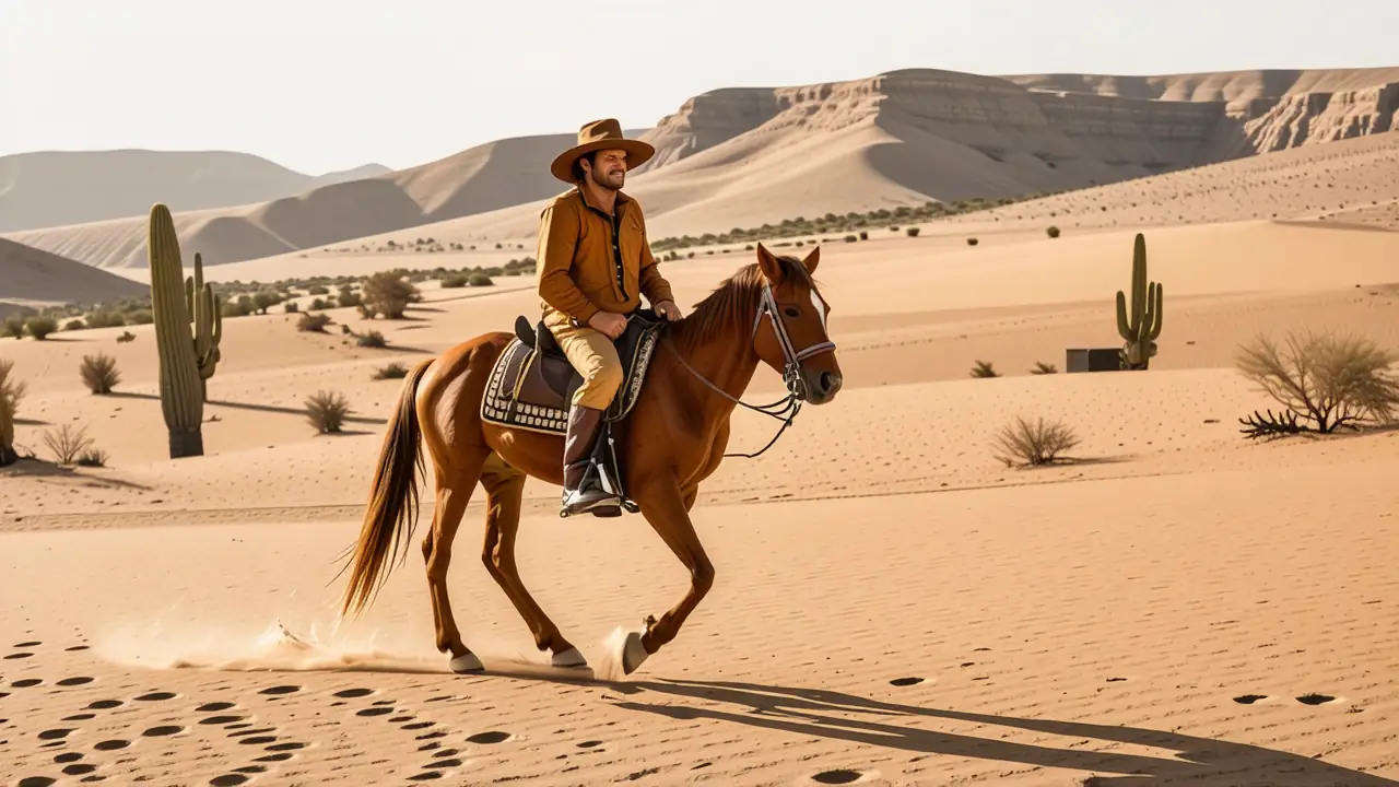 Un hombre español monta su caballo en el desierto