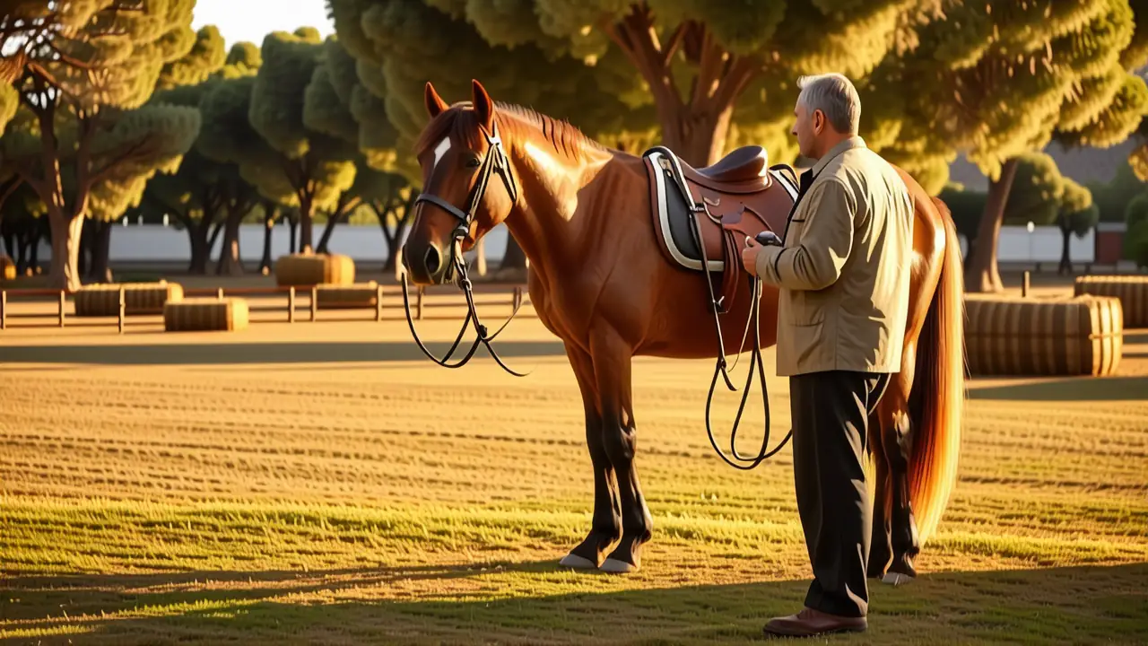 Un jinete español observa su caballo