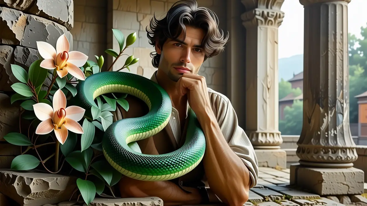 Un hombre pensativo rodea serpiente verde