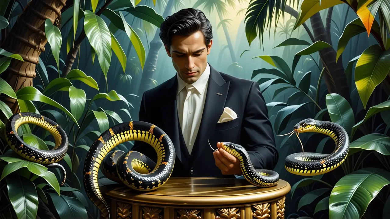Un hombre elegante observa serpientes en lujoso bosque